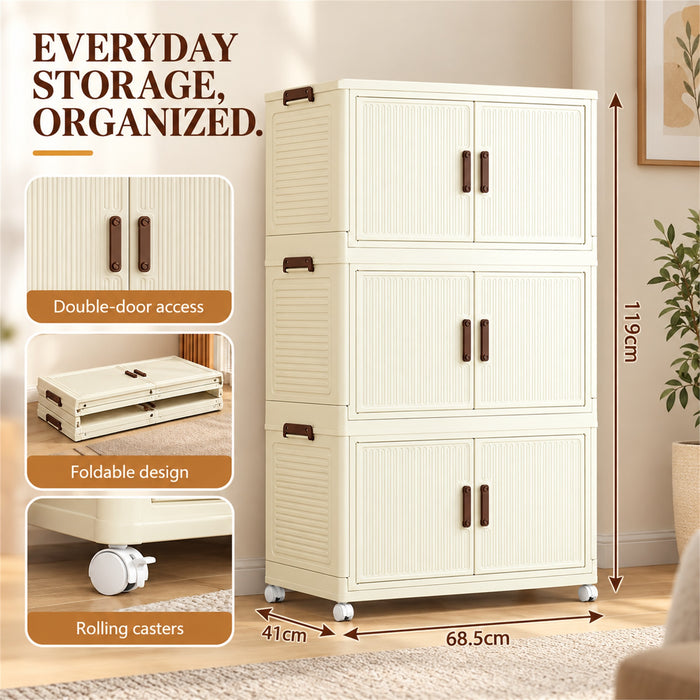 Foldable Storage Cabinet, 3 Tiers, 6 Doors, Casters, Cream