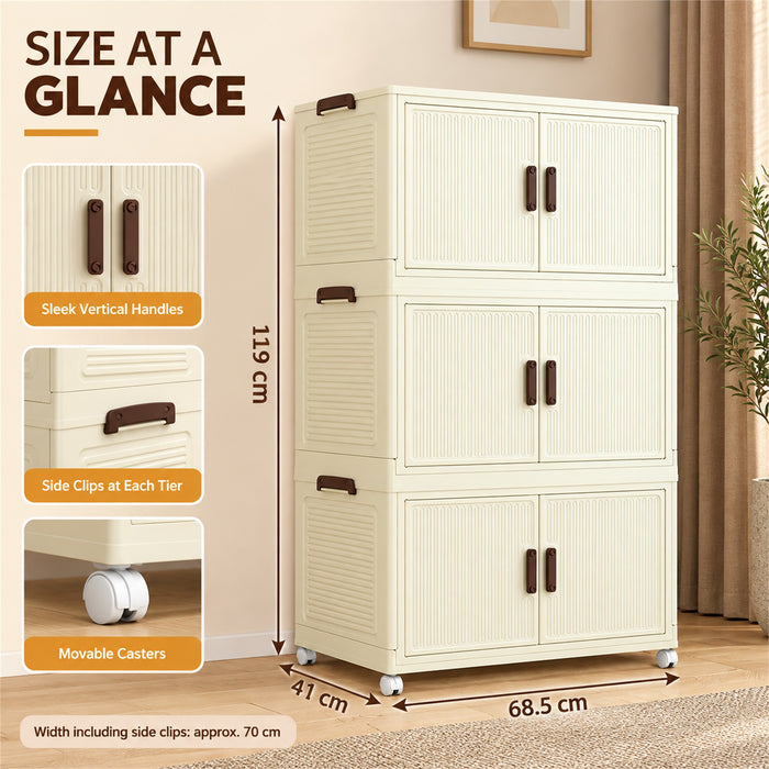 Foldable Storage Cabinet, 3 Tiers, 6 Doors, Casters, Cream