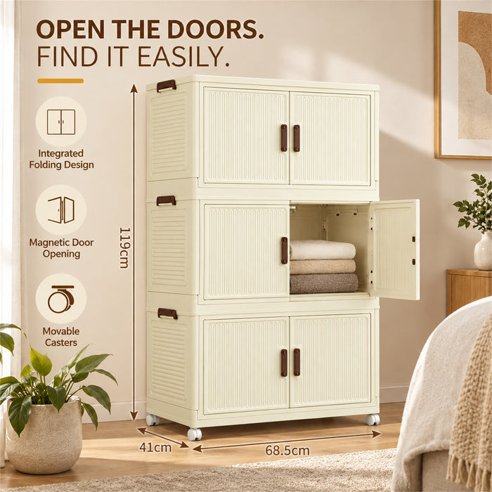Foldable Storage Cabinet, 3 Tiers, 6 Doors, Casters, Cream
