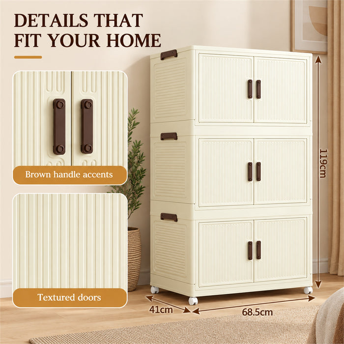 Foldable Storage Cabinet, 3 Tiers, 6 Doors, Casters, Cream