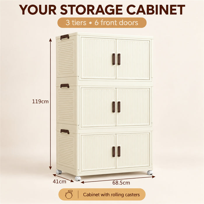 Foldable Storage Cabinet, 3 Tiers, 6 Doors, Casters, Cream
