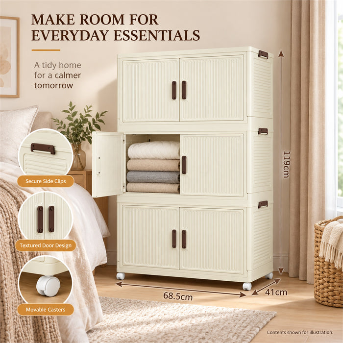 Foldable Storage Cabinet, 3 Tiers, 6 Doors, Casters, Cream