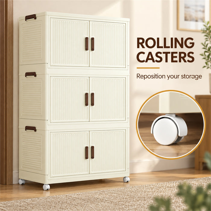 Foldable Storage Cabinet, 3 Tiers, 6 Doors, Casters, Cream