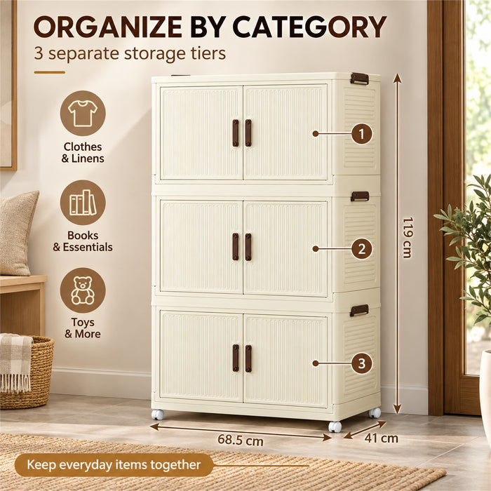 Foldable Storage Cabinet, 3 Tiers, 6 Doors, Casters, Cream