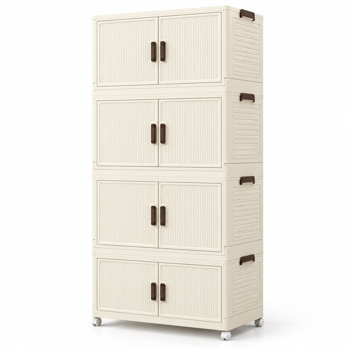 Foldable Storage Cabinet, 4 Tiers, 8 Doors, Casters, Cream