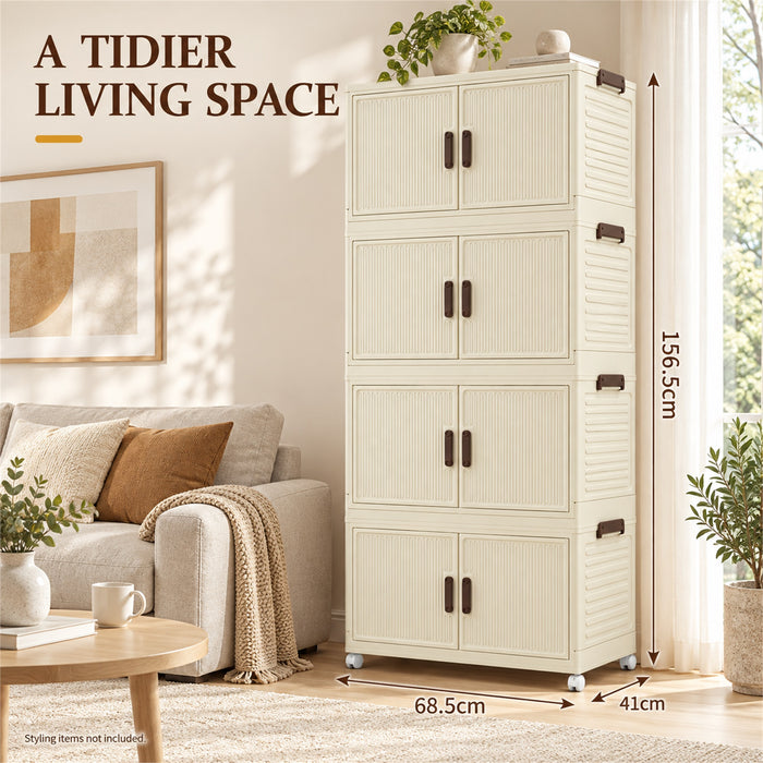 Foldable Storage Cabinet, 4 Tiers, 8 Doors, Casters, Cream