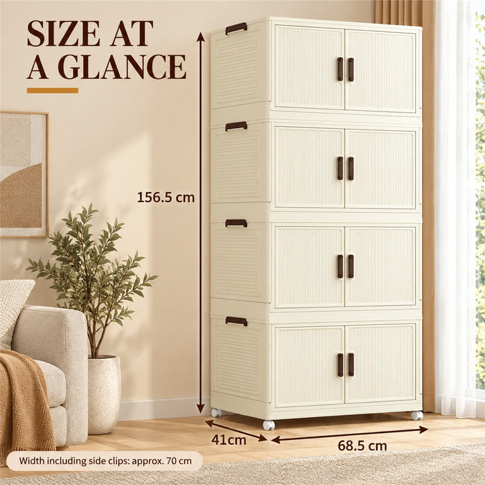 Foldable Storage Cabinet, 4 Tiers, 8 Doors, Casters, Cream