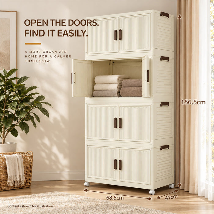 Foldable Storage Cabinet, 4 Tiers, 8 Doors, Casters, Cream