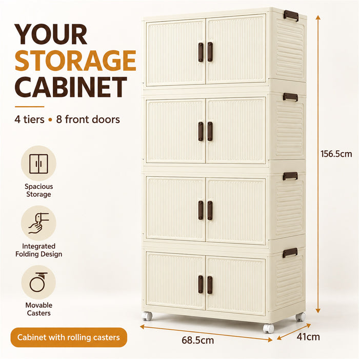 Foldable Storage Cabinet, 4 Tiers, 8 Doors, Casters, Cream