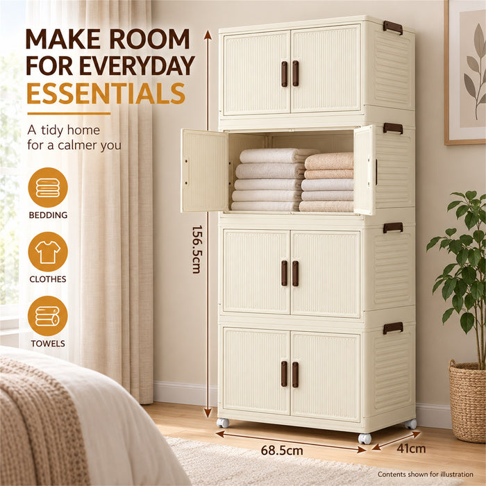 Foldable Storage Cabinet, 4 Tiers, 8 Doors, Casters, Cream