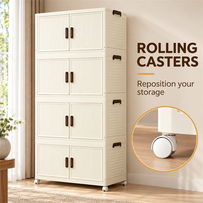 Foldable Storage Cabinet, 4 Tiers, 8 Doors, Casters, Cream