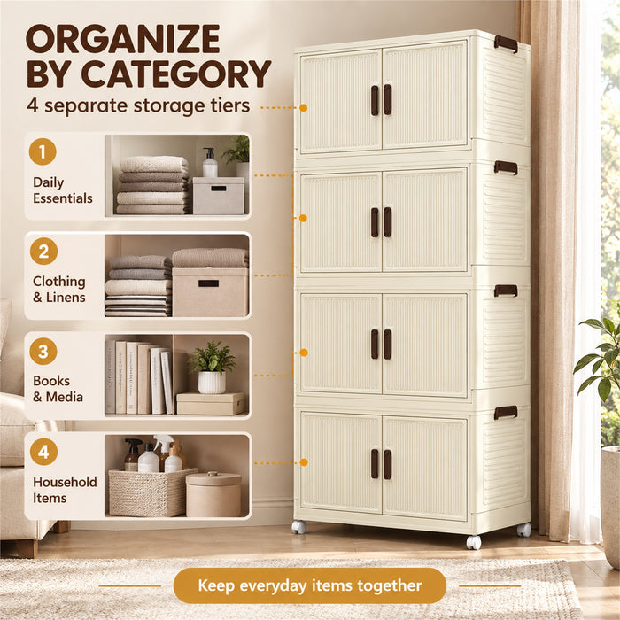 Foldable Storage Cabinet, 4 Tiers, 8 Doors, Casters, Cream