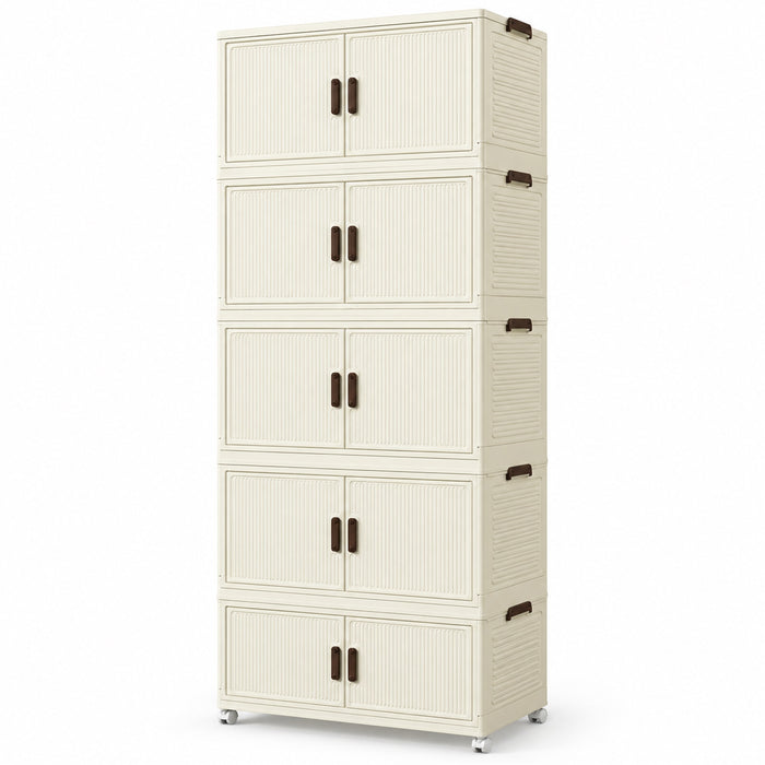 5-Tier Storage Cabinet, Cream Foldable Organizer with Doors & Wheels