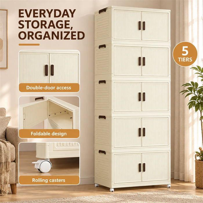 5-Tier Storage Cabinet, Cream Foldable Organizer with Doors & Wheels