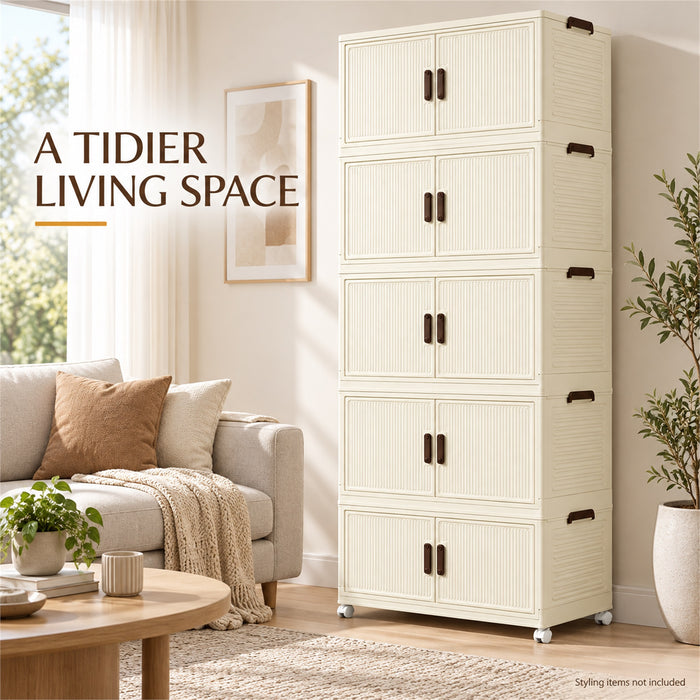 5-Tier Storage Cabinet, Cream Foldable Organizer with Doors & Wheels