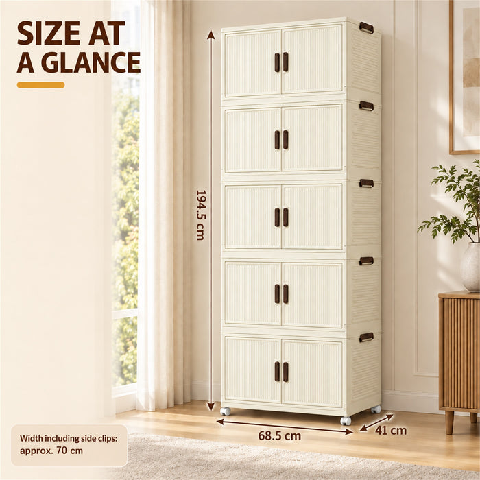 5-Tier Storage Cabinet, Cream Foldable Organizer with Doors & Wheels