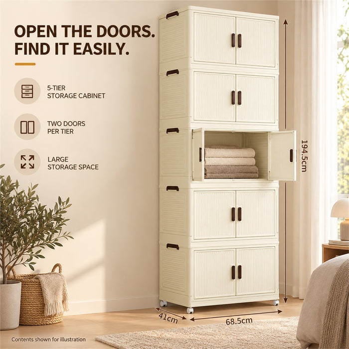 5-Tier Storage Cabinet, Cream Foldable Organizer with Doors & Wheels