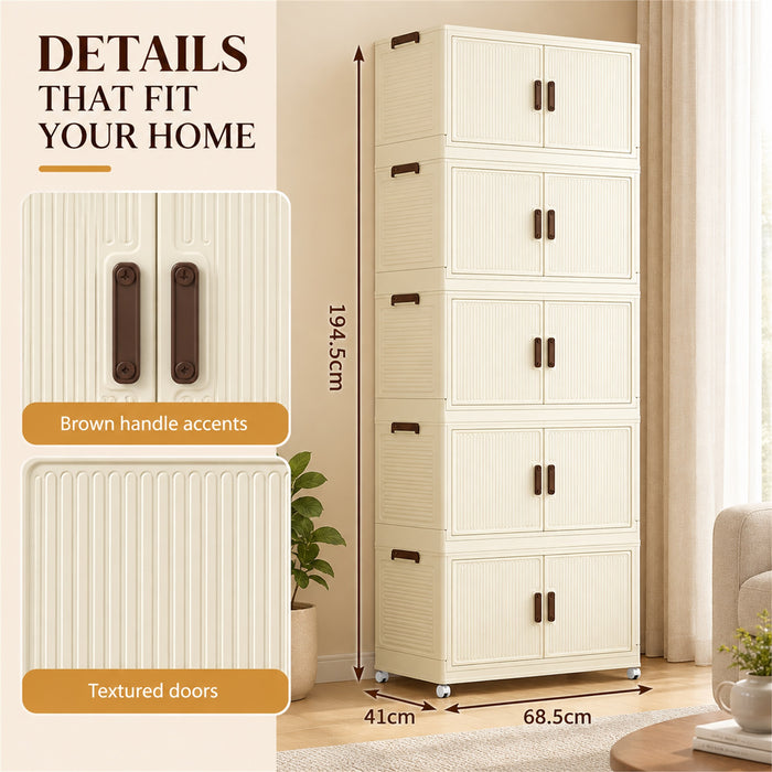 5-Tier Storage Cabinet, Cream Foldable Organizer with Doors & Wheels