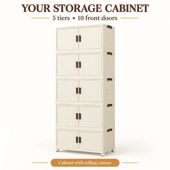 5-Tier Storage Cabinet, Cream Foldable Organizer with Doors & Wheels