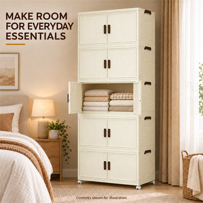 5-Tier Storage Cabinet, Cream Foldable Organizer with Doors & Wheels