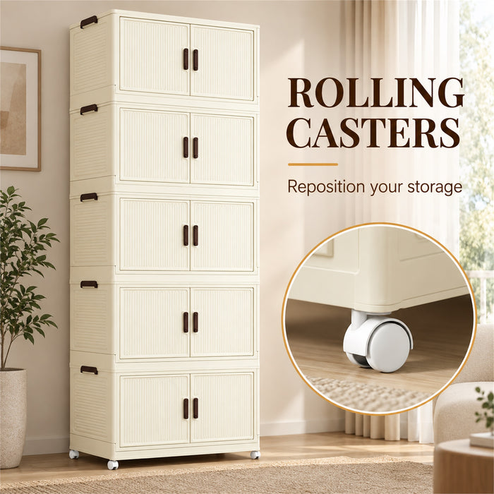 5-Tier Storage Cabinet, Cream Foldable Organizer with Doors & Wheels