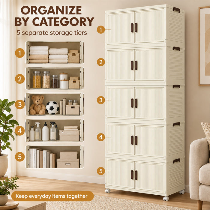 5-Tier Storage Cabinet, Cream Foldable Organizer with Doors & Wheels
