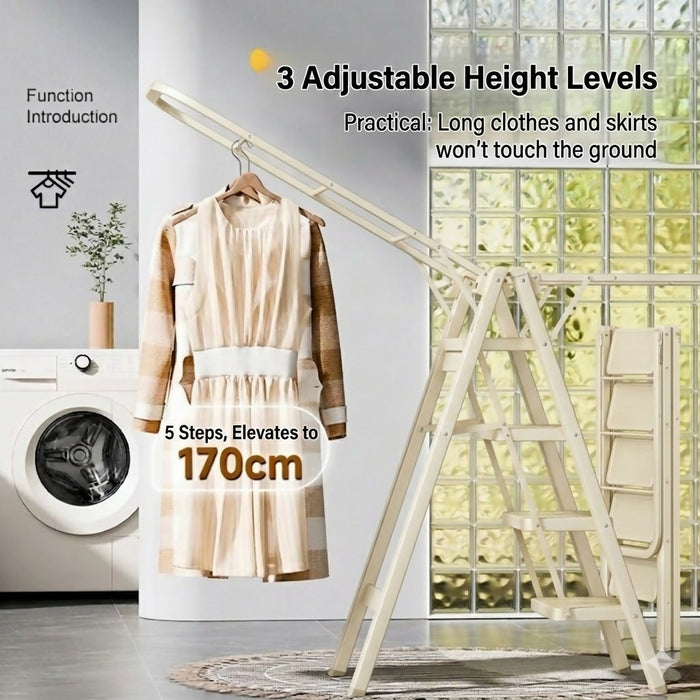 Step Ladder Drying Rack Foldable Height-Adjustable Clothes Drying Stand with Wide Non-Slip Steps 5-Step Laundry Ladder Rack Indoor Space-Saving Clothes Hanger Model LYJ5STEP