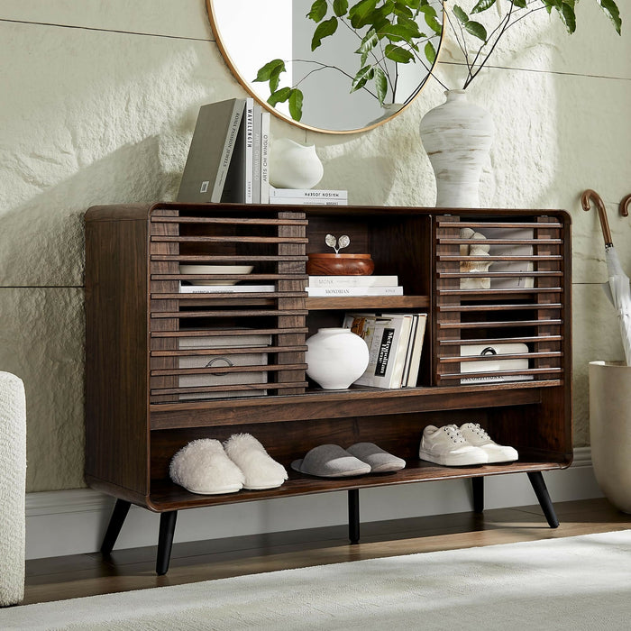 Mid Century Entryway Table with Sliding Slatted Doors 46" Console Cabinet, Adjustable Shelves, Open Shoe Storage, Rounded Corners, Tapered Legs Hallway, Living Room, Kitchen