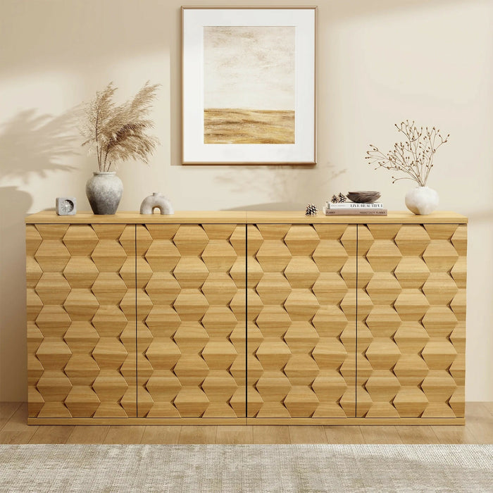 Sideboard Storage Cabinet with Doors Modern 3D Hexagon Design, Soft-Close Hinges, Handleless Push-Open, Thickened Top 31.5” Wide Buffet Cabinet for Dining Room, Living Room