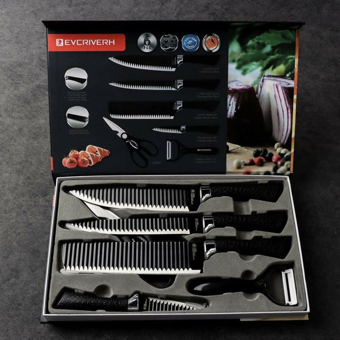 6-Piece Kitchen Knife Set with Ceramic Peeler & Scissors Ultra-Sharp Stainless Steel Blades, Non-Stick Corrugated Design, Ergonomic Handles Chef, Cleaver, Carving & Paring Knives