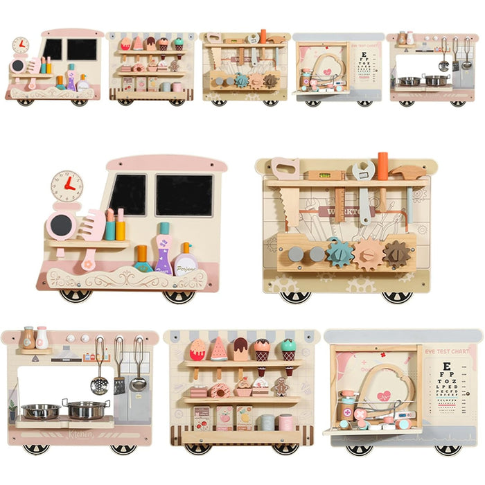 Wall Activity Board Train Set 5-in-1 Wooden Busy Board with Kitchen, Doctor, Tool & Ice Cream Toys Wall-Mounted Learning Toy for Toddlers & Preschoolers