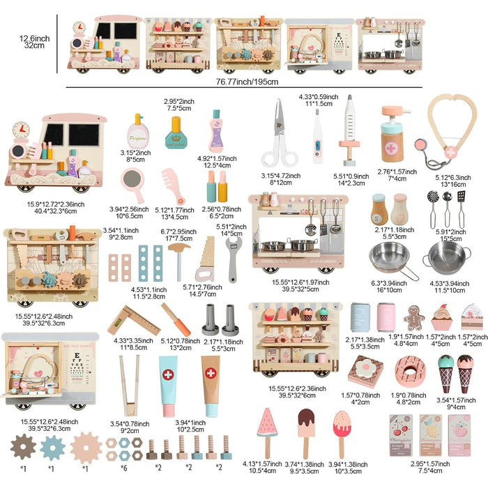 Wall Activity Board Train Set 5-in-1 Wooden Busy Board with Kitchen, Doctor, Tool & Ice Cream Toys Wall-Mounted Learning Toy for Toddlers & Preschoolers