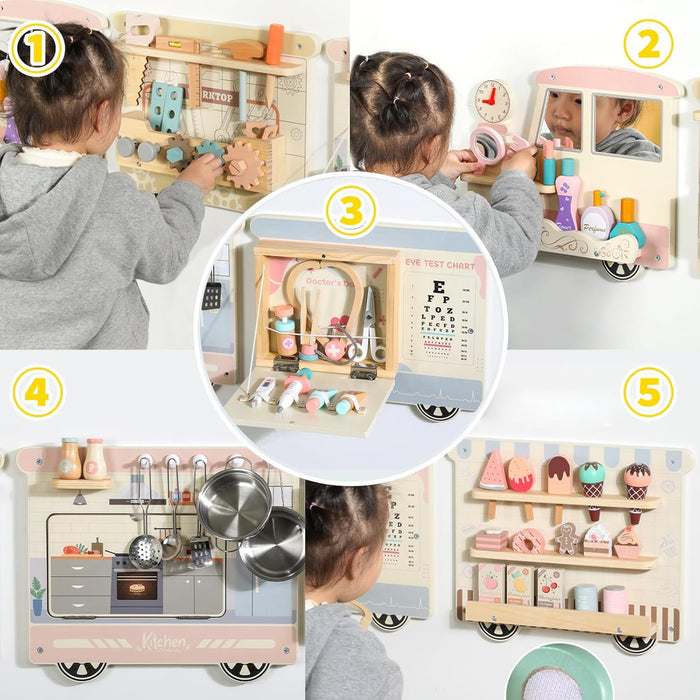 Wall Activity Board Train Set 5-in-1 Wooden Busy Board with Kitchen, Doctor, Tool & Ice Cream Toys Wall-Mounted Learning Toy for Toddlers & Preschoolers