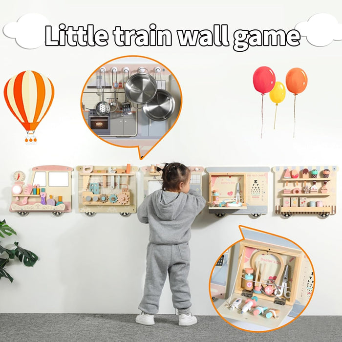 Wall Activity Board Train Set 5-in-1 Wooden Busy Board with Kitchen, Doctor, Tool & Ice Cream Toys Wall-Mounted Learning Toy for Toddlers & Preschoolers