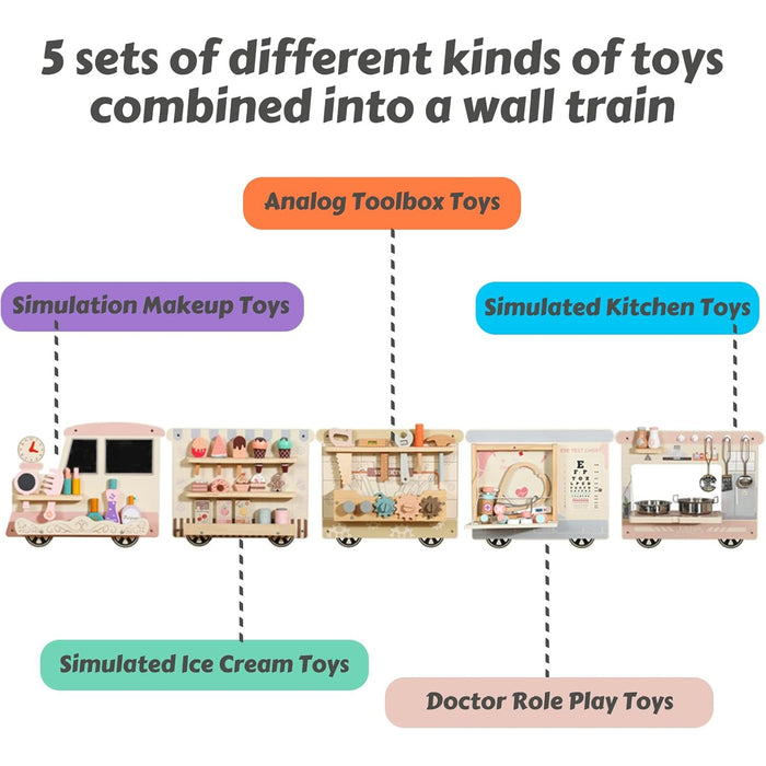 Wall Activity Board Train Set 5-in-1 Wooden Busy Board with Kitchen, Doctor, Tool & Ice Cream Toys Wall-Mounted Learning Toy for Toddlers & Preschoolers