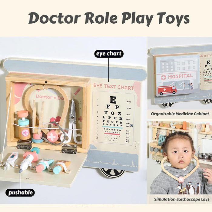 Wall Activity Board Train Set 5-in-1 Wooden Busy Board with Kitchen, Doctor, Tool & Ice Cream Toys Wall-Mounted Learning Toy for Toddlers & Preschoolers