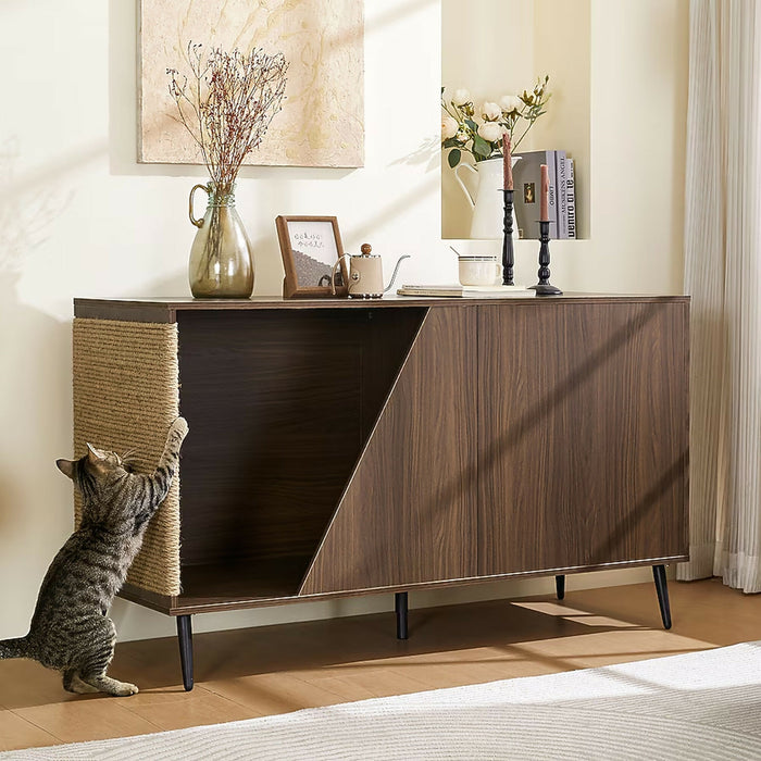 Cat Litter Box Enclosure Furniture, Modern Walnut Cat House Cabinet with Sisal Scratcher, Hidden Cat Washroom Side Table with Storage Door