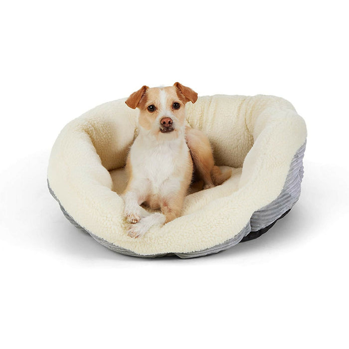 Round Self-Warming Pet Bed for Cats & Small Dogs, Plush Sherpa-Style Cozy Cuddler Bed, Heat-Reflective Non-Electric Design, Grey/Cream, 22 in, Indoor Resting Bed