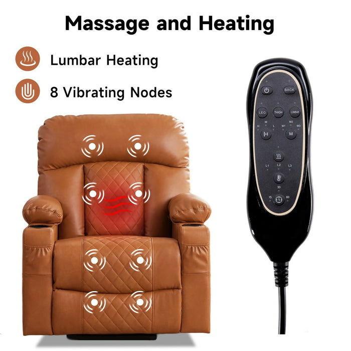 Power Lift Recliner Chair for Adults, Dual Motor Lay Flat Reclining Chair with Heat, Massage, USB Ports, Cup Holders, Side Pockets, Brown, Living Room Relaxation Chair