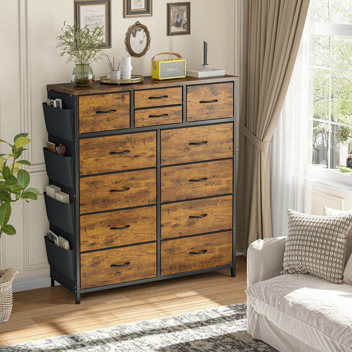 12-Drawer Dresser with Side Storage Pockets, Tall Chest of Drawers for Bedroom, Closet & Living Room, Fabric Dresser Organizer with Wood Top, Metal Frame – Large Capacity Storage Cabinet