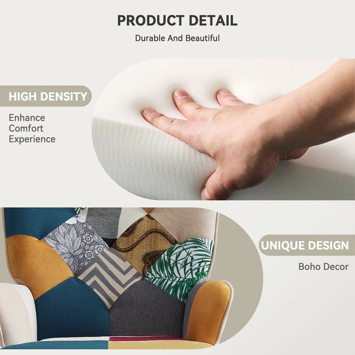 Patchwork Upholstered Rocking Chair Wingback Accent Glider with Solid Wood Rockers & Steel Frame 26" Wide Comfy Nursery & Living Room Rocker 330 lb Capacity