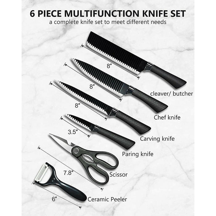 6-Piece Kitchen Knife Set with Ceramic Peeler & Scissors Ultra-Sharp Stainless Steel Blades, Non-Stick Corrugated Design, Ergonomic Handles Chef, Cleaver, Carving & Paring Knives