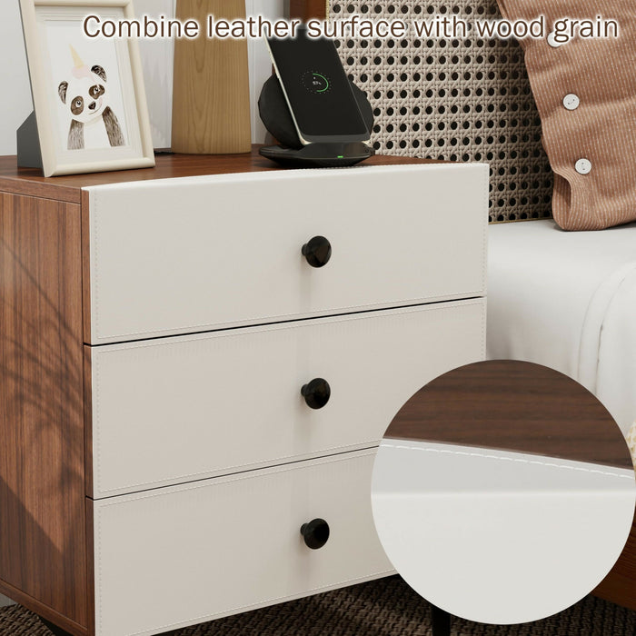 Nightstand with Charging Station, 3 Drawer Wood Bedside Table with Leather-Style Fronts, AC Outlet + USB + Type-C, Modern End Table for Bedroom Living Room Apartment