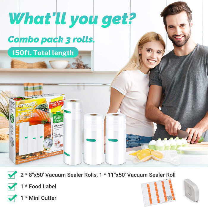 Vacuum Sealer Rolls 3 Packs - 8 in and 11 in 150 ft