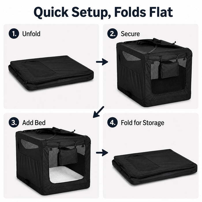 Soft Sided Dog Crate, Large Folding Portable Pet Kennel with Mesh Ventilation, Fleece Bed, Carry Handles & Storage Pouch, Black Travel Crate for Dogs, 107 x 79 x 78 cm