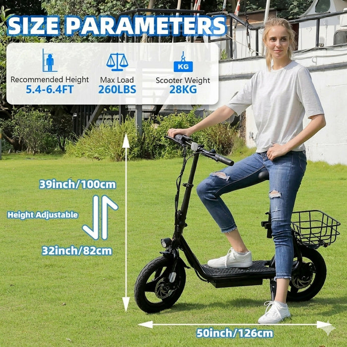 Adult Electric Scooter with Seat, 750W Motor, 14-Inch Pneumatic Tires, Foldable Handlebar, Rear Basket, Front & Rear Disc Brakes, LED Lights, LCD Display, Black Commuter E-Scooter Model P1402