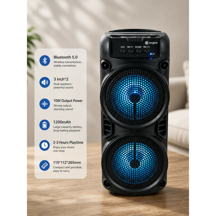 Portable Bluetooth Speaker, Dual 3-Inch Drivers, 10W Output, LED Lights, 1200mAh Rechargeable Battery, USB/TF Card/Mic Inputs, 26.5 cm Compact Party Speaker for Home, Office & Travel CBS-3025C