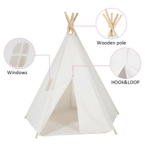 OUTREE Kids Teepee Tent, 47"D x 65"H Natural Cotton Canvas Tent with 5 Wooden Poles, Carry Bag for Kids Indoor Outdoor Play