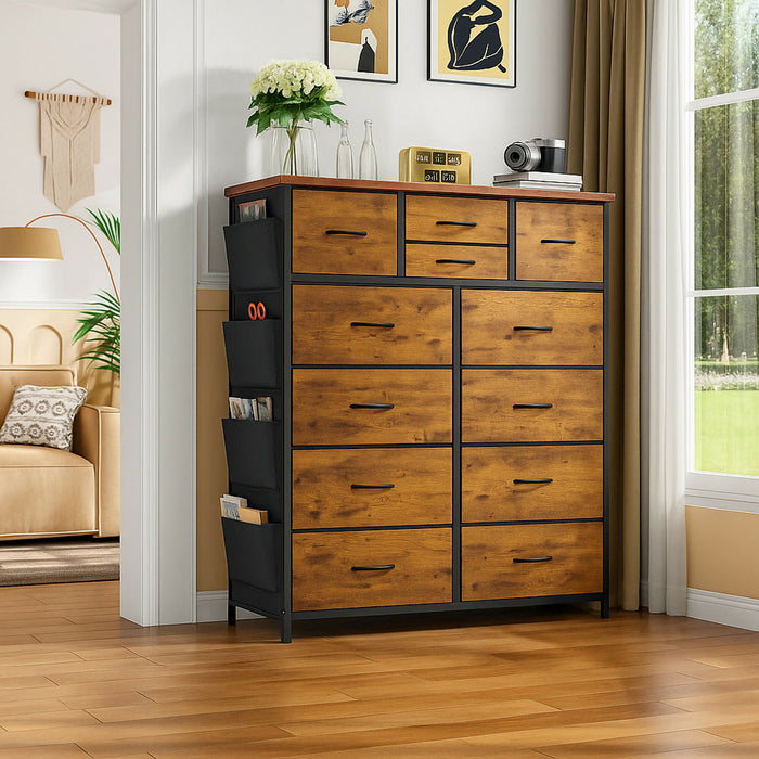 12-Drawer Dresser with Side Storage Pockets, Tall Chest of Drawers for Bedroom, Closet & Living Room, Fabric Dresser Organizer with Wood Top, Metal Frame – Large Capacity Storage Cabinet