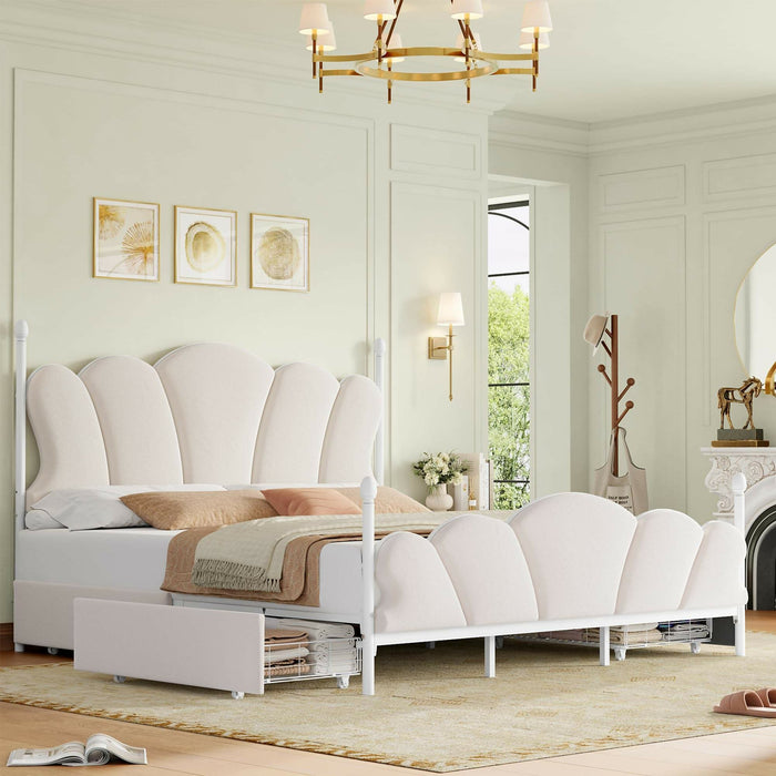 Velvet Upholstered Full-Size Bed Frame with 4 Storage Drawers, Cloud-Shaped Headboard, Sturdy Metal Slat Support, No Box Spring Required, Beige